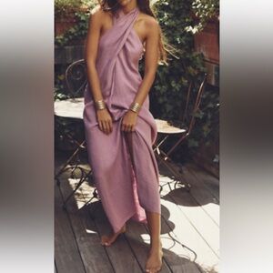 ZARA Linen Dress Halter Neck Midi Crossover Long Low Back